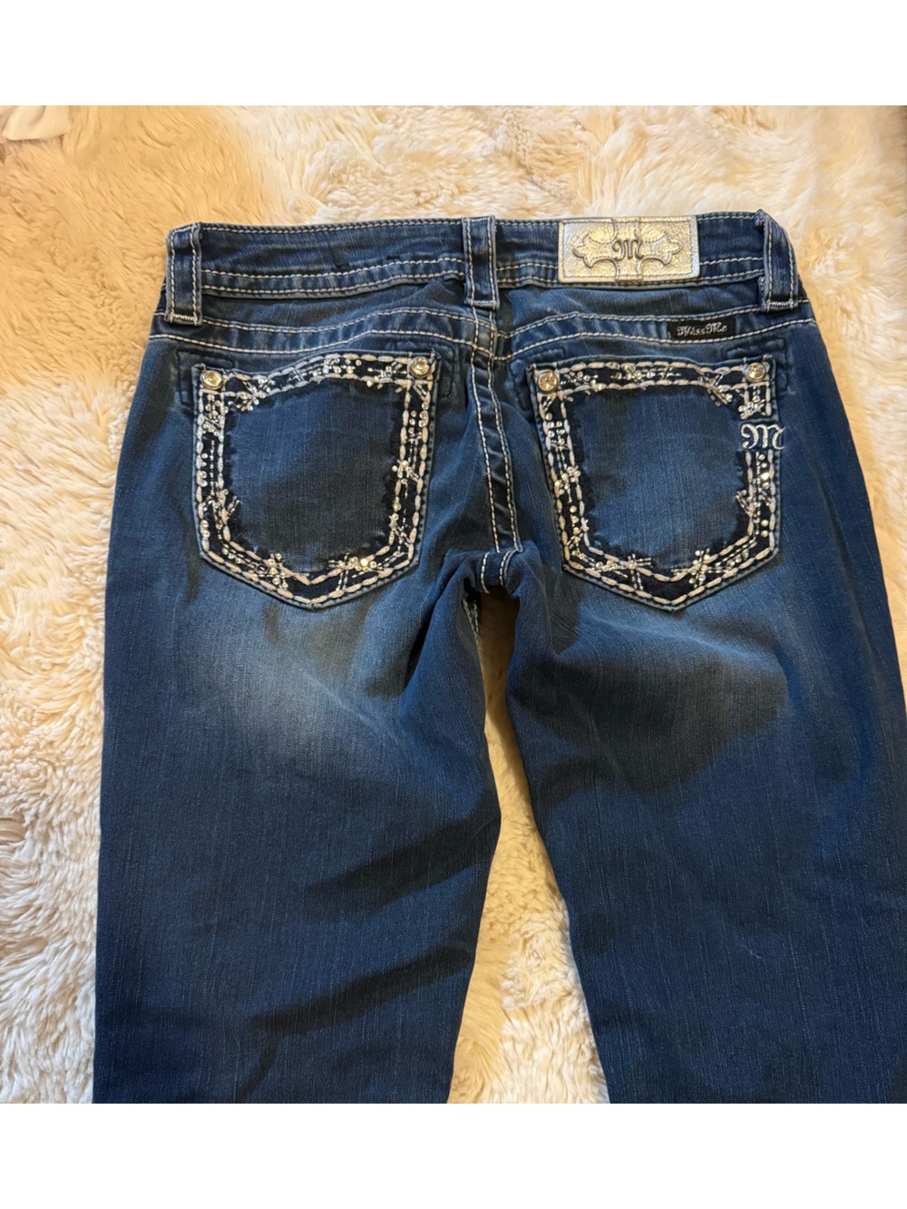 Miss Me Dark Blue Skinny Jeans with Embroidered Bead Trim
